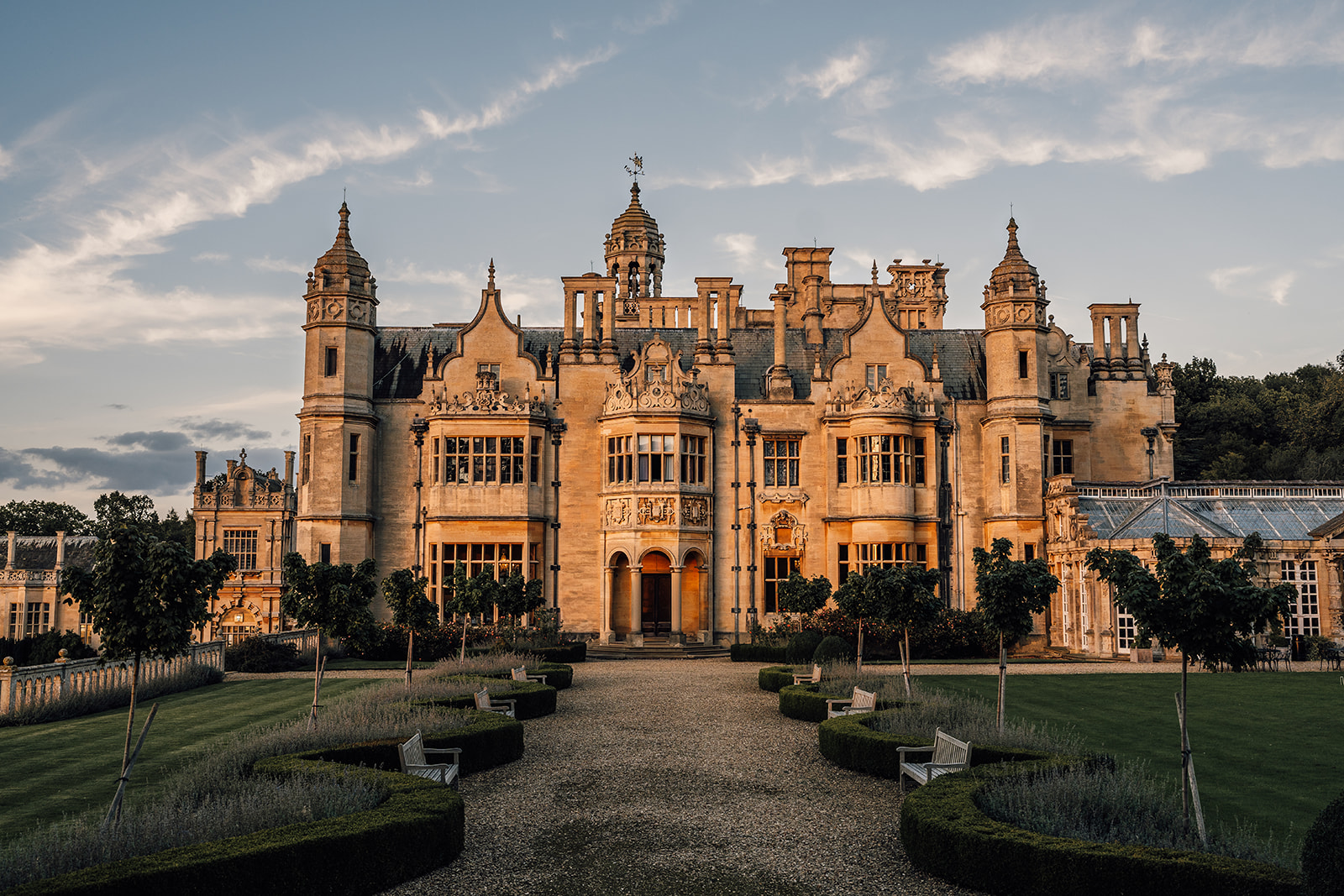 rear view of Harlaxton manor during sunset