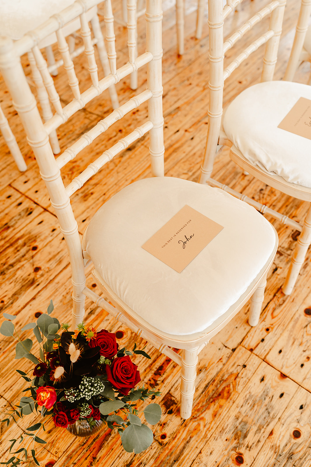 reserved sign on seat at wedding ceremony at ballogie house