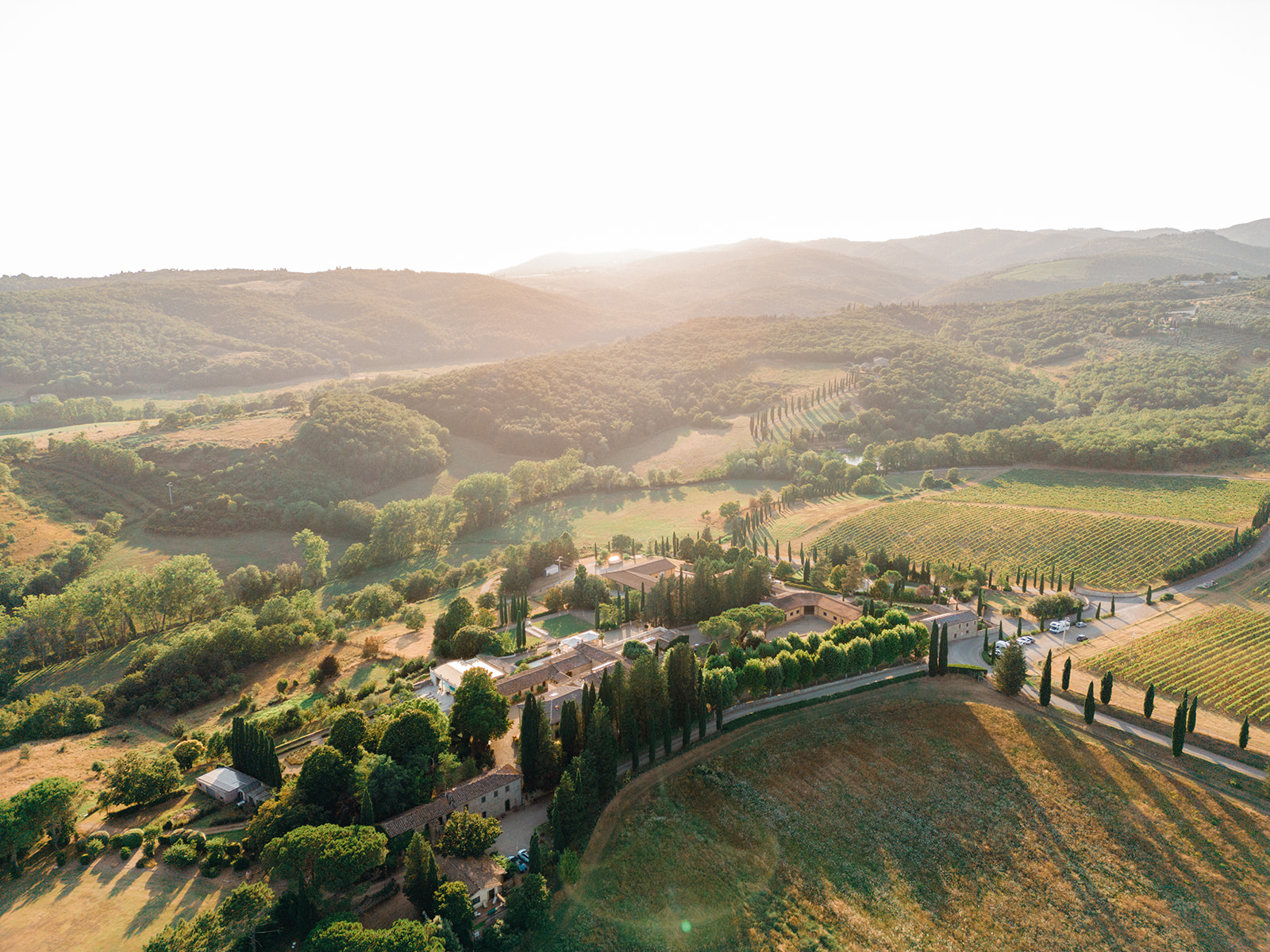 Aerial view of Villa la Selva Wine Resort at the sunset