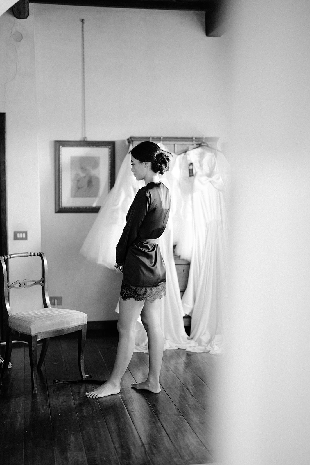 A bridesmaid waiting to get ready in the bride's room