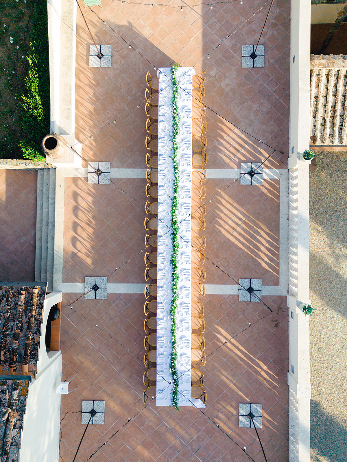 The imperial table for Georgia and Tom's wedding dinner seen from above