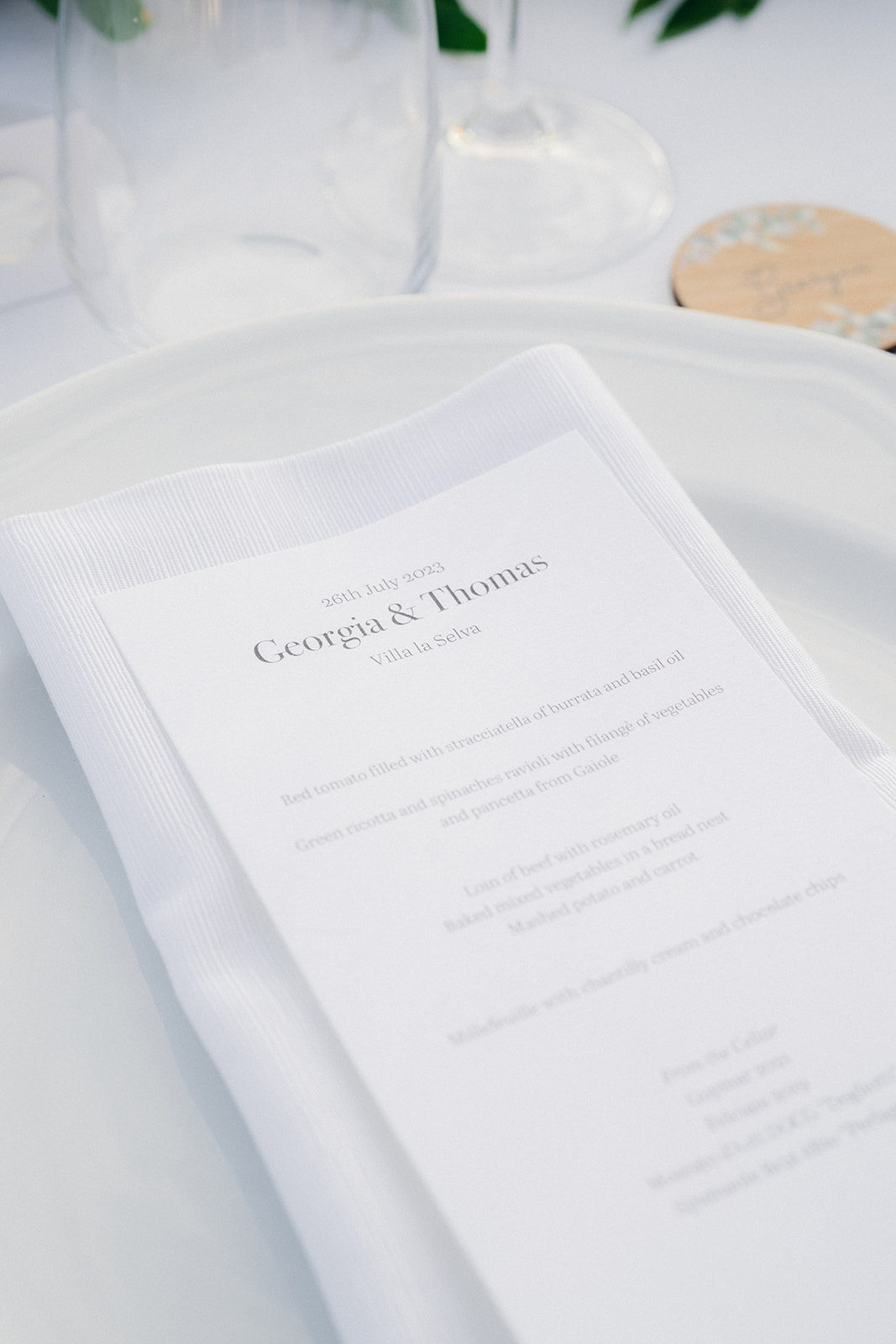 The menu for Georgia and Tom's wedding dinner at Villa La Selva