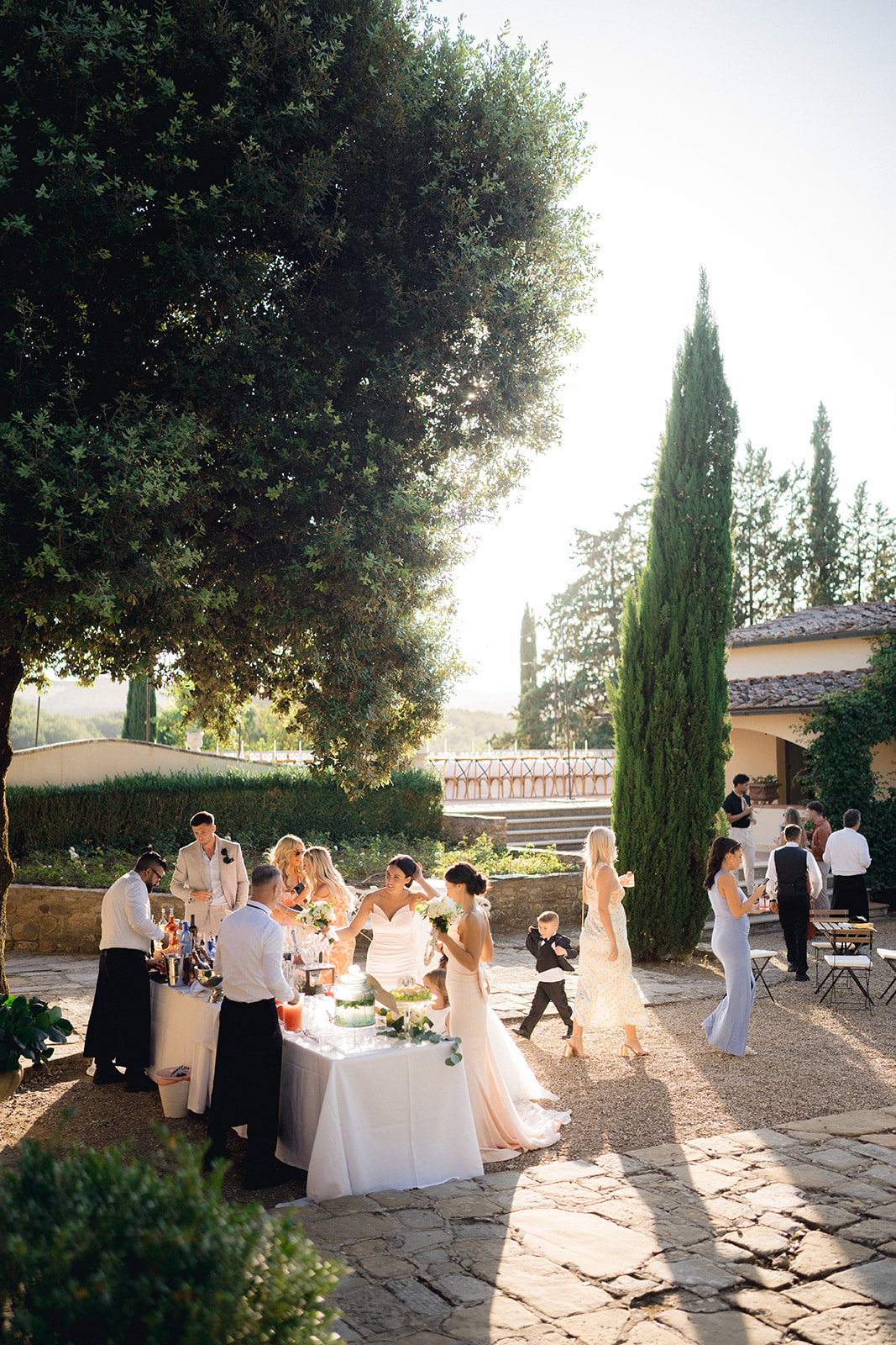 A wedding cocktail during the golden hour in Tuscany