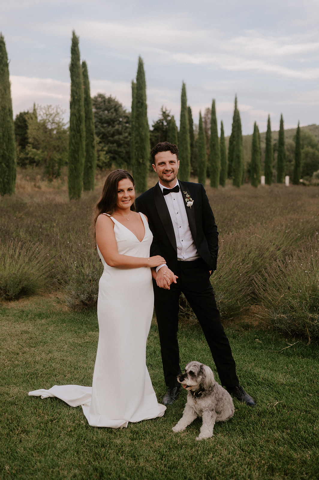 bride and groom standing in lavender field in provence with dog