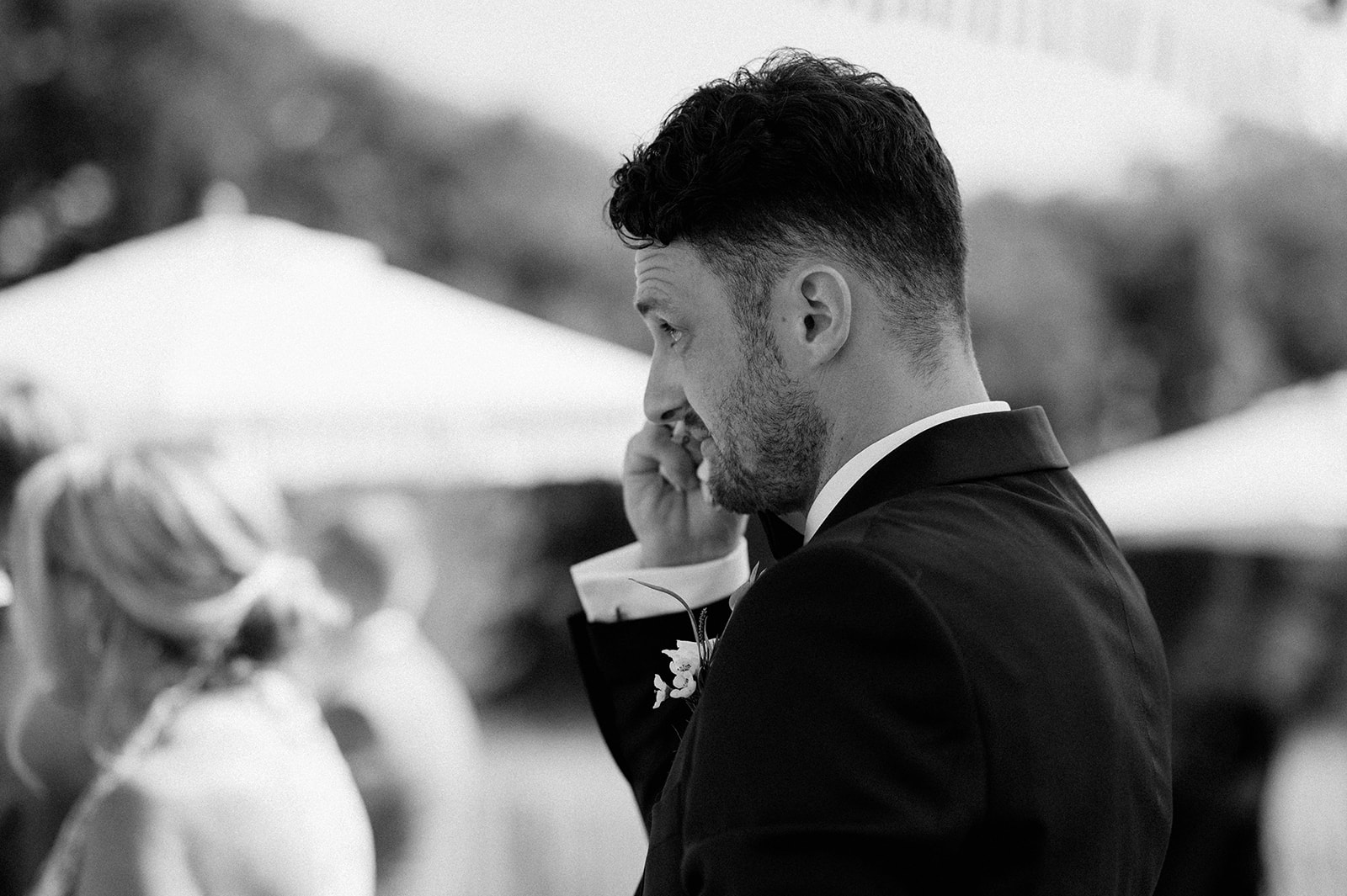 groom crying during wedding ceremony at Le Mas Des Costes in provence