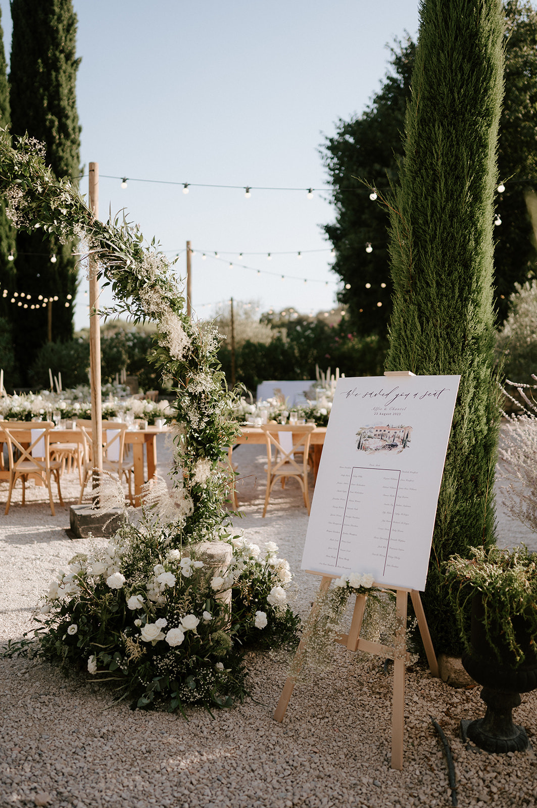 outdoor wedding reception in courtyard at Le Mas Des Costes in provence 