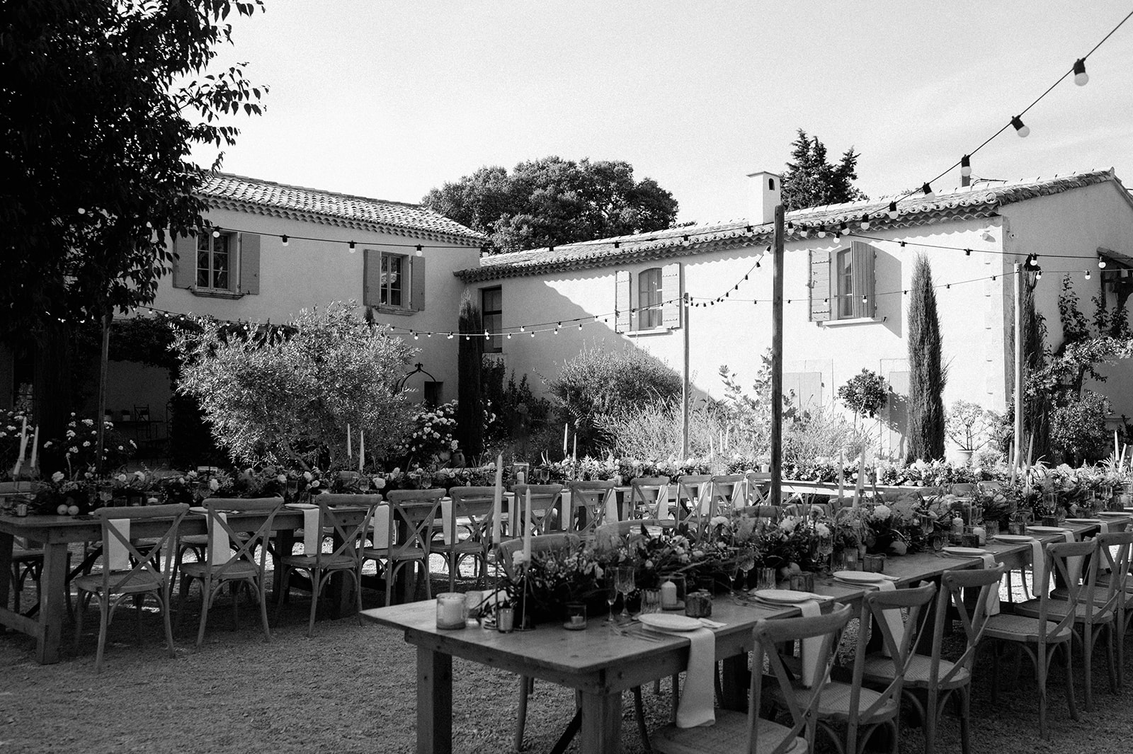 outdoor wedding reception in courtyard at Le Mas Des Costes in provence 