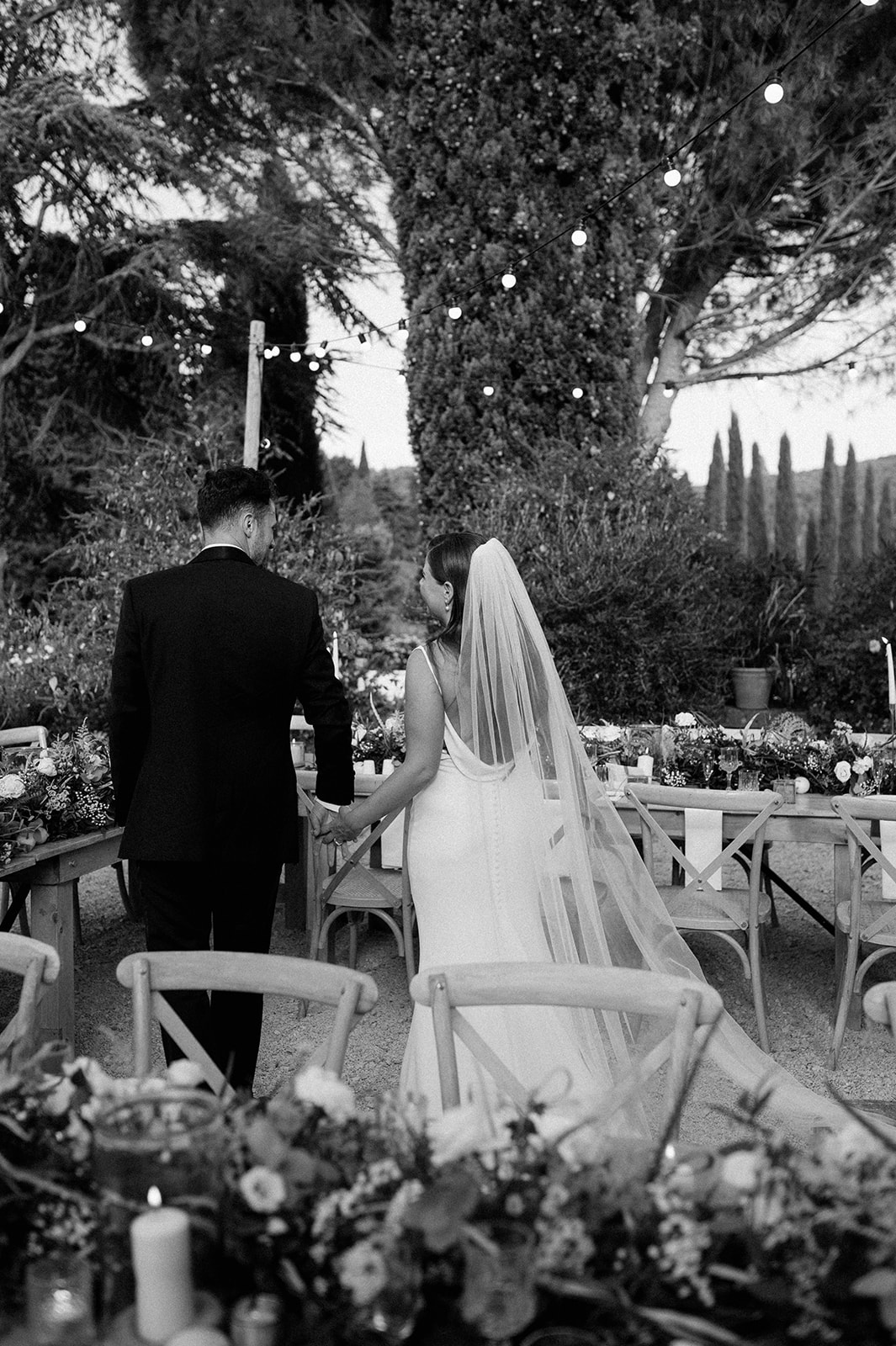 outdoor wedding reception in courtyard provence  with bride and groom