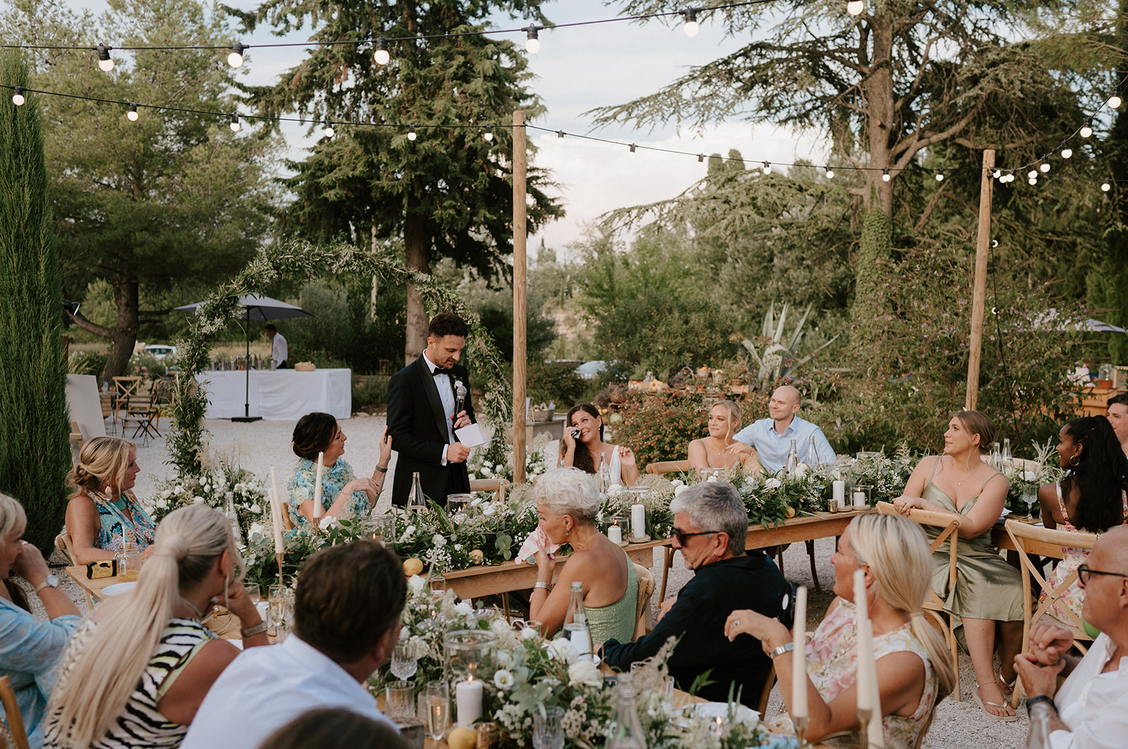 wedding reception speeches in courtyard at Le Mas Des Costes in provence 