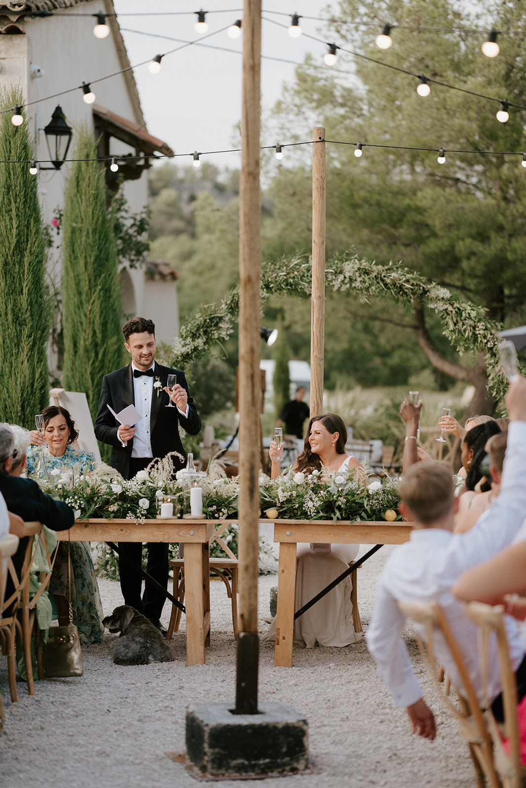 wedding reception speeches in courtyard at Le Mas Des Costes in provence 