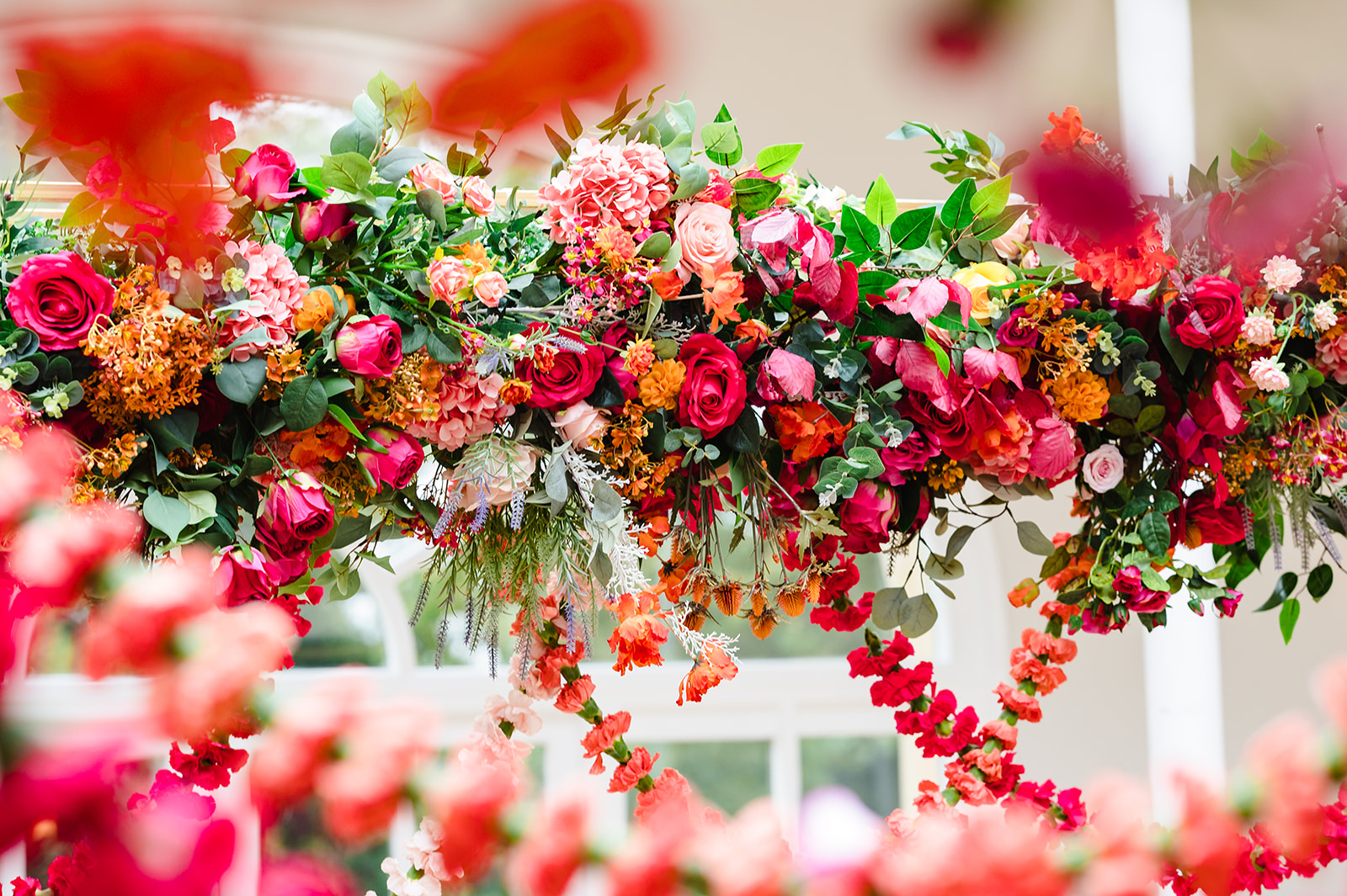 bright and bold wedding florals at Stapleford park