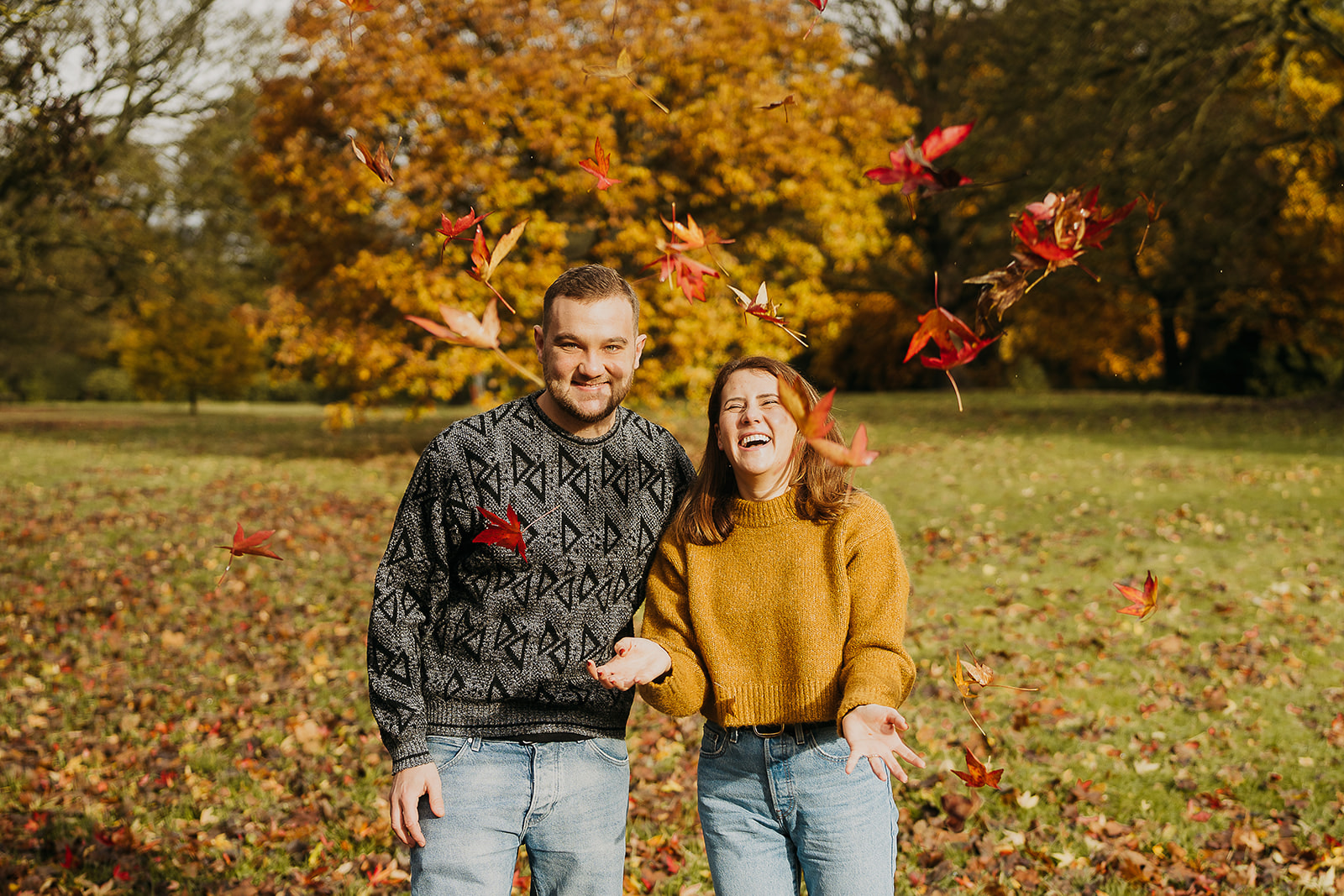 Throwing leaves - Autumn Engagement shoot, Temple Newsman, Leeds 