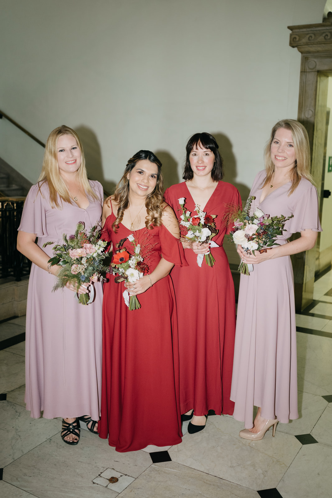 direct flash photography, bridesmaids in islington town hall in red and pink dresses