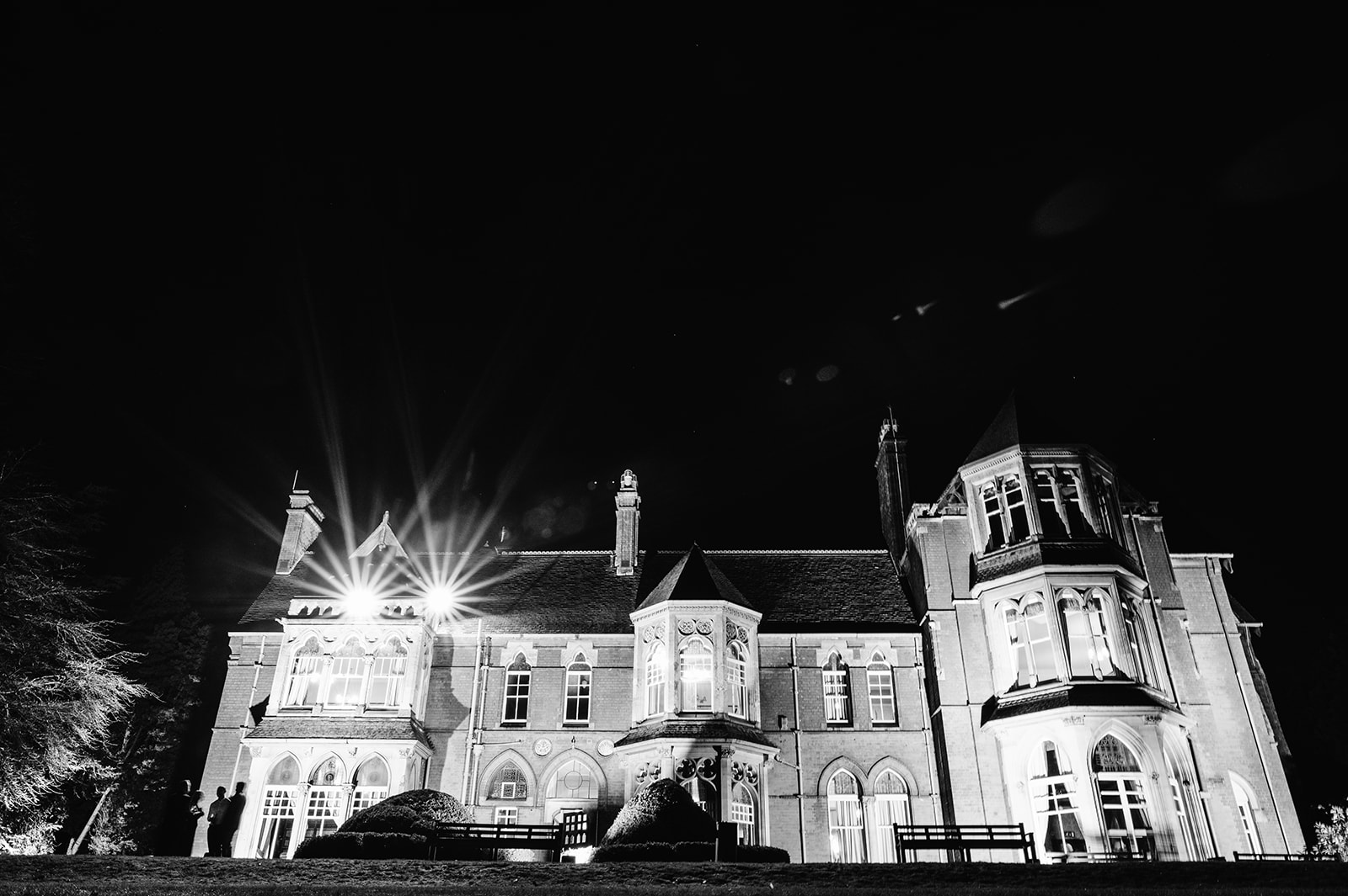 highbury hall by night in black and white