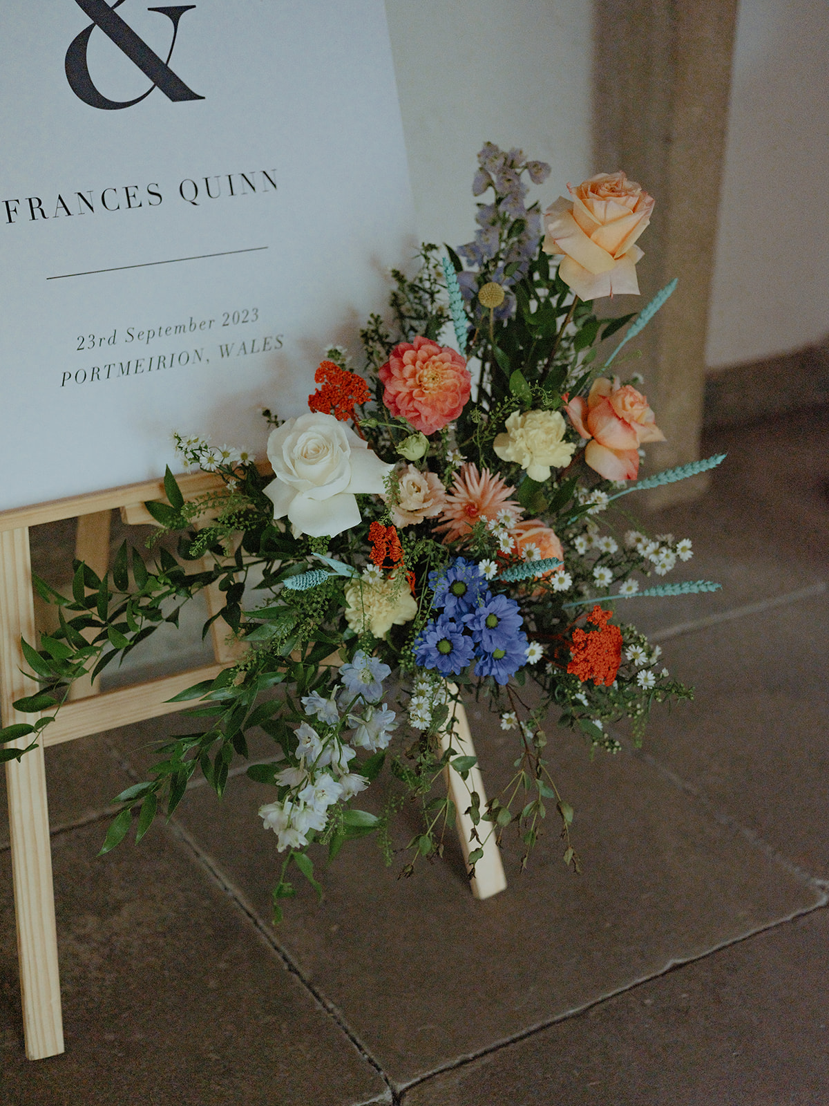 Colourful wedding flower arrangement by Mr jones and me
