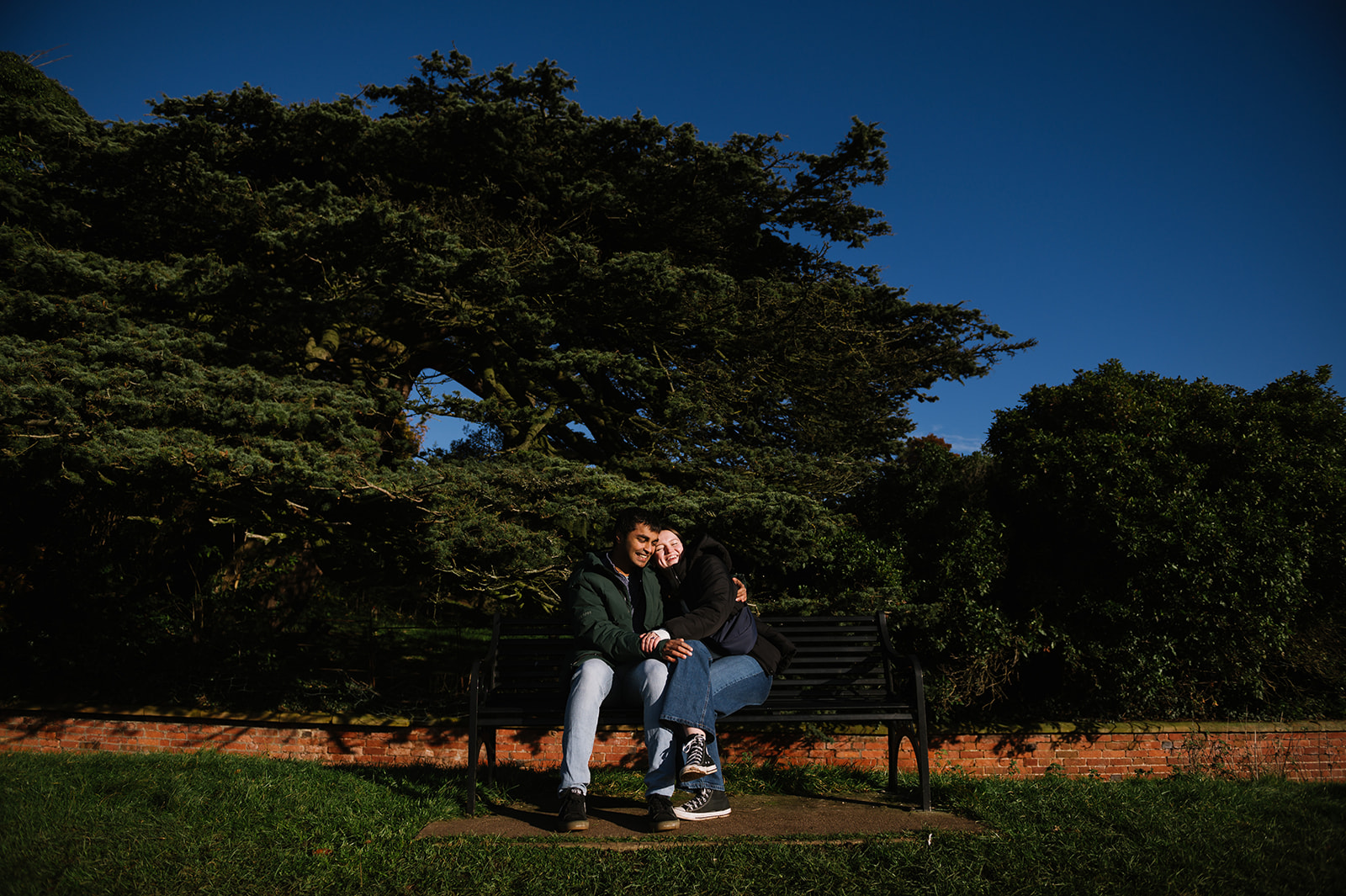 Couple sitting on a park bench with a tree behind them