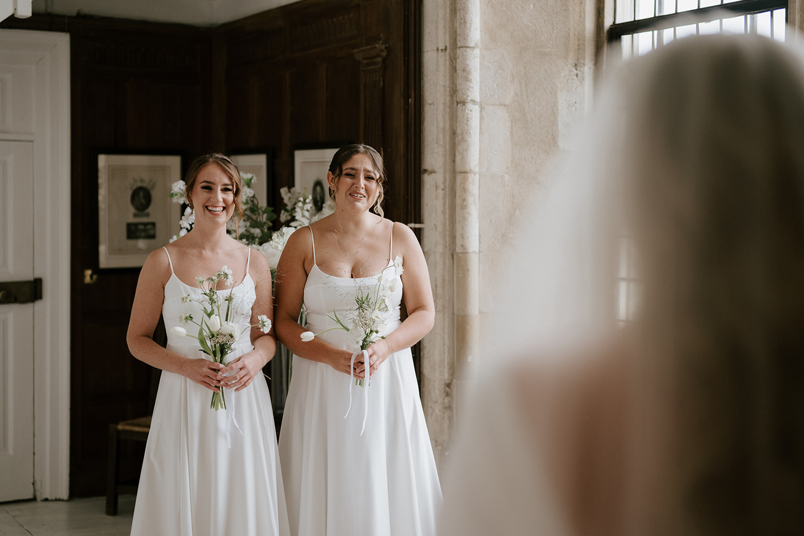 bridesmaid first look with bride at butley priory