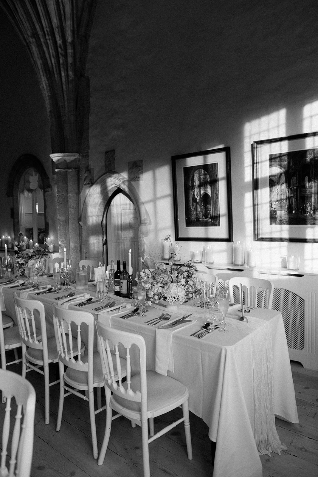 wedding reception in great hall at butley priory with neutral colour scheme
