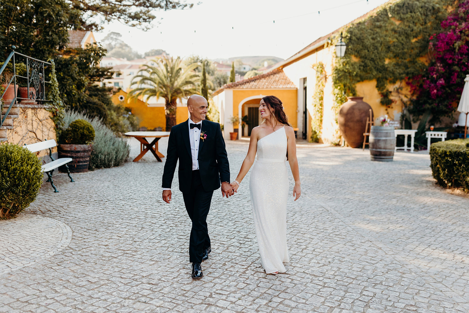 bride and groom at Portugal vineyard wedding during portraits 