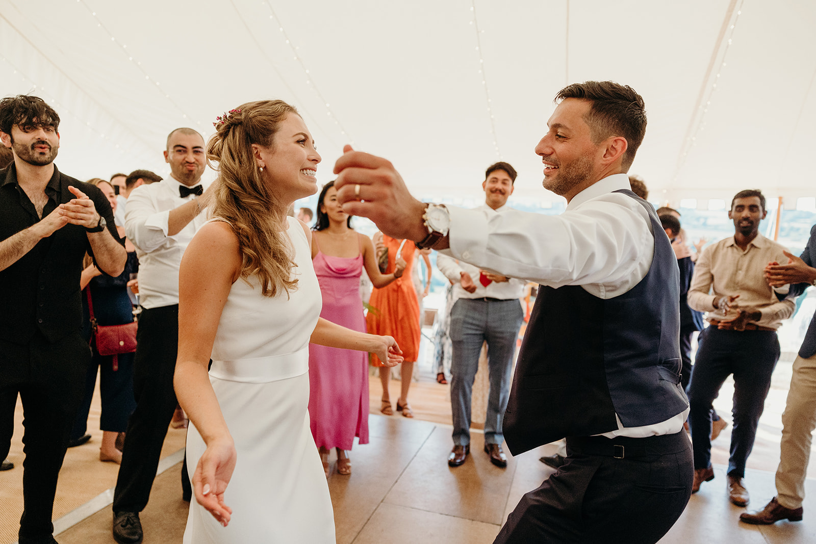 bride and groom dance at marquee wedding in Wiltshire