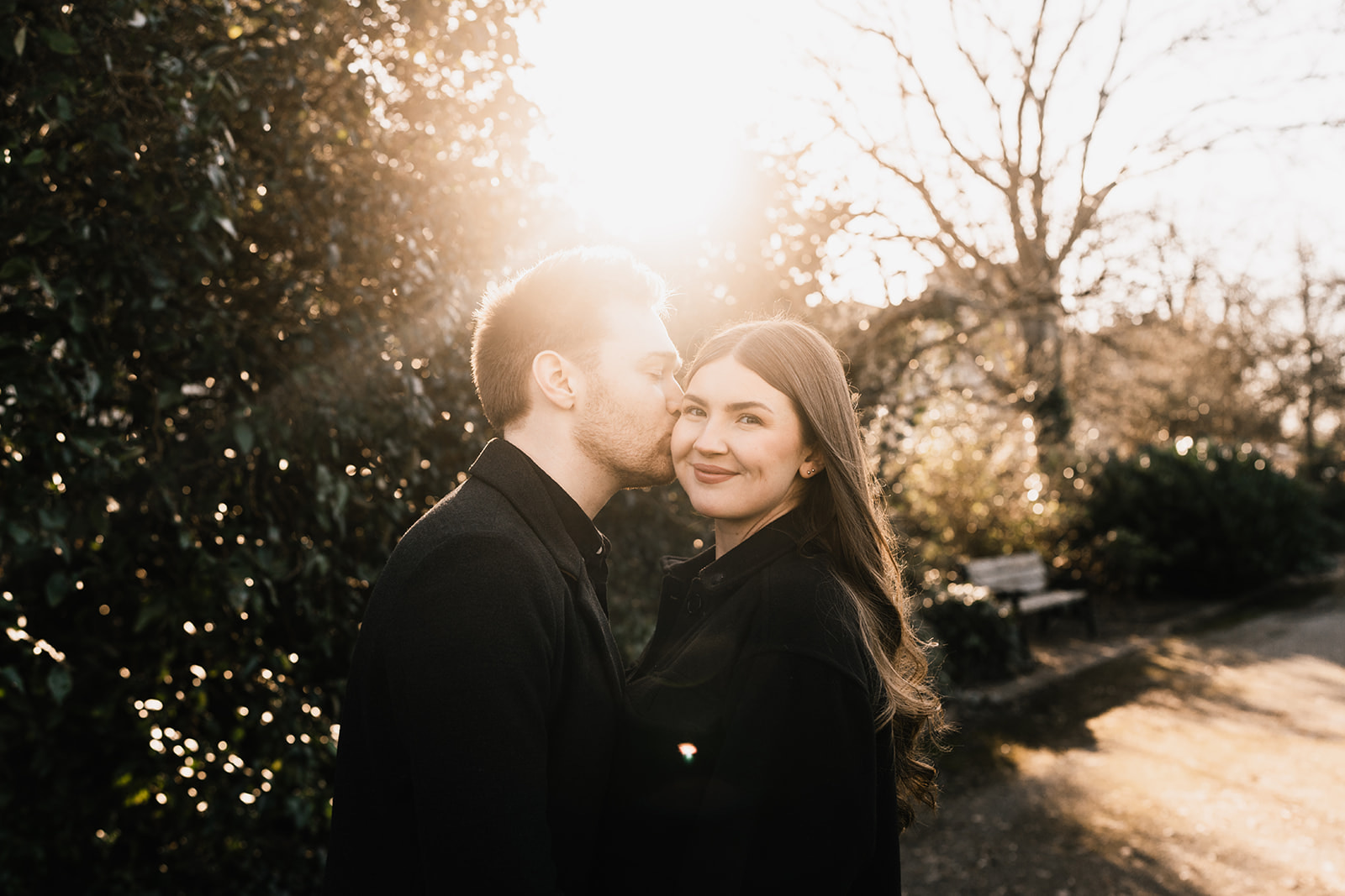 engaged couple portrait during sunset in cardiff