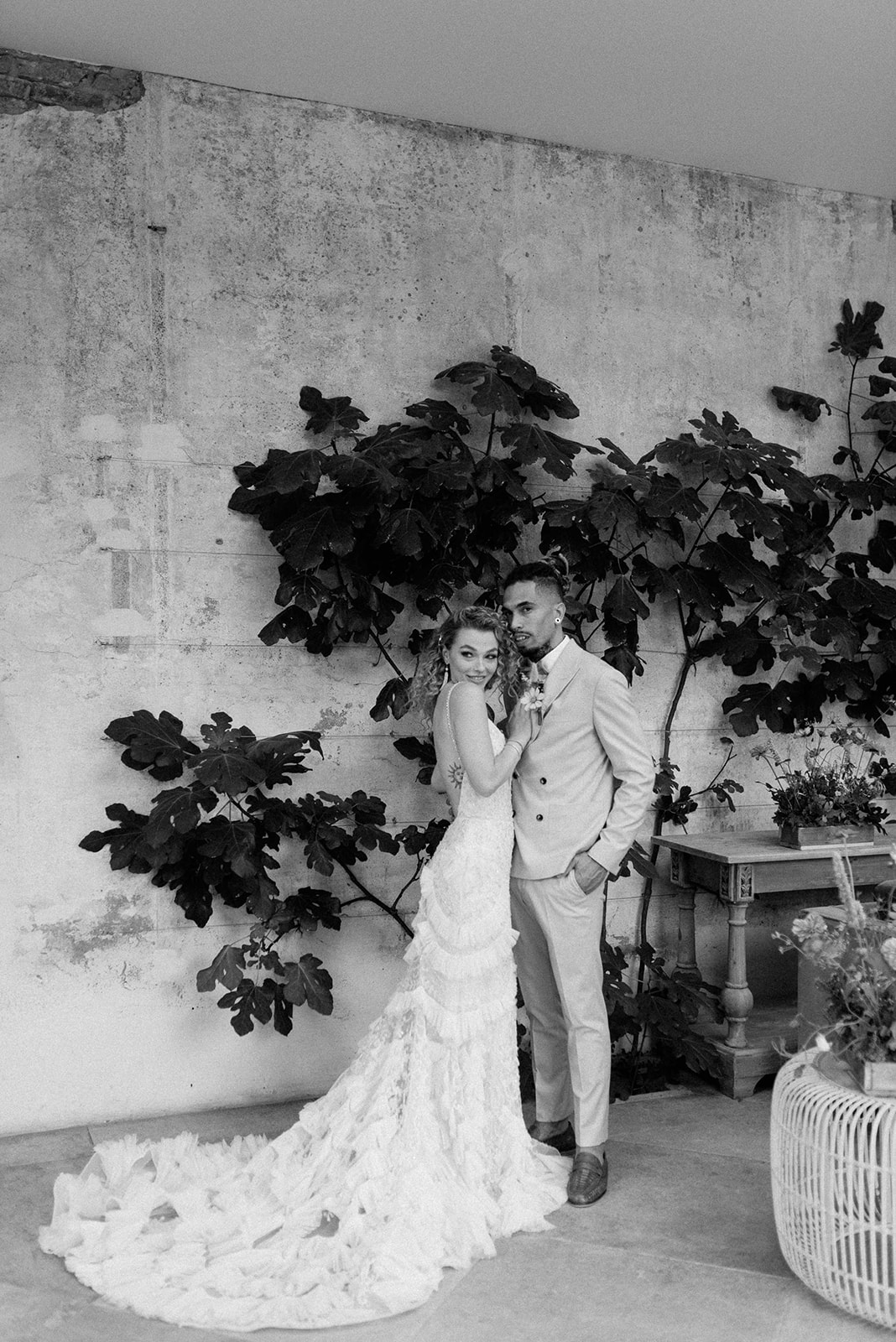 bride and groom in fig house at Middleton lodge