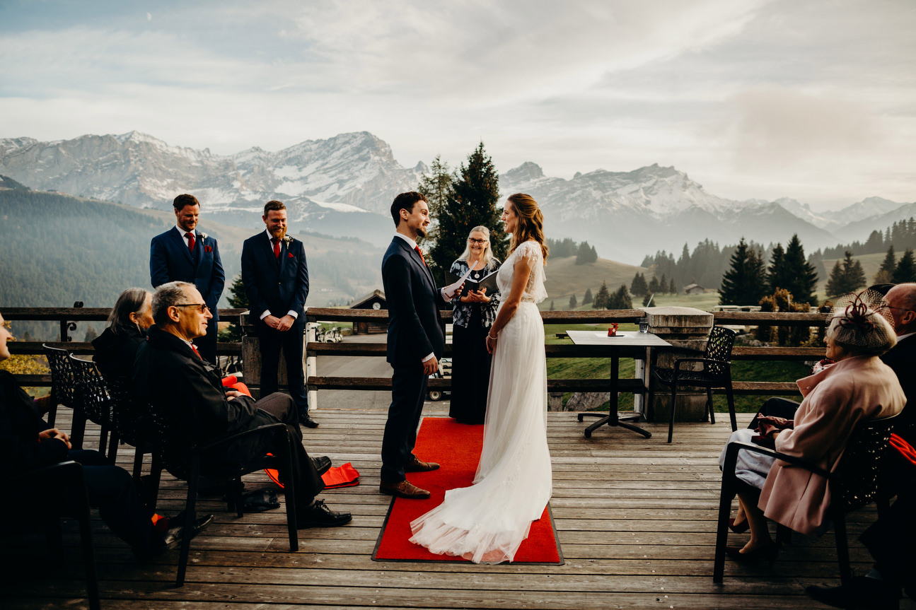 bride and groom outdoor ceremony at Swiss alps wedding