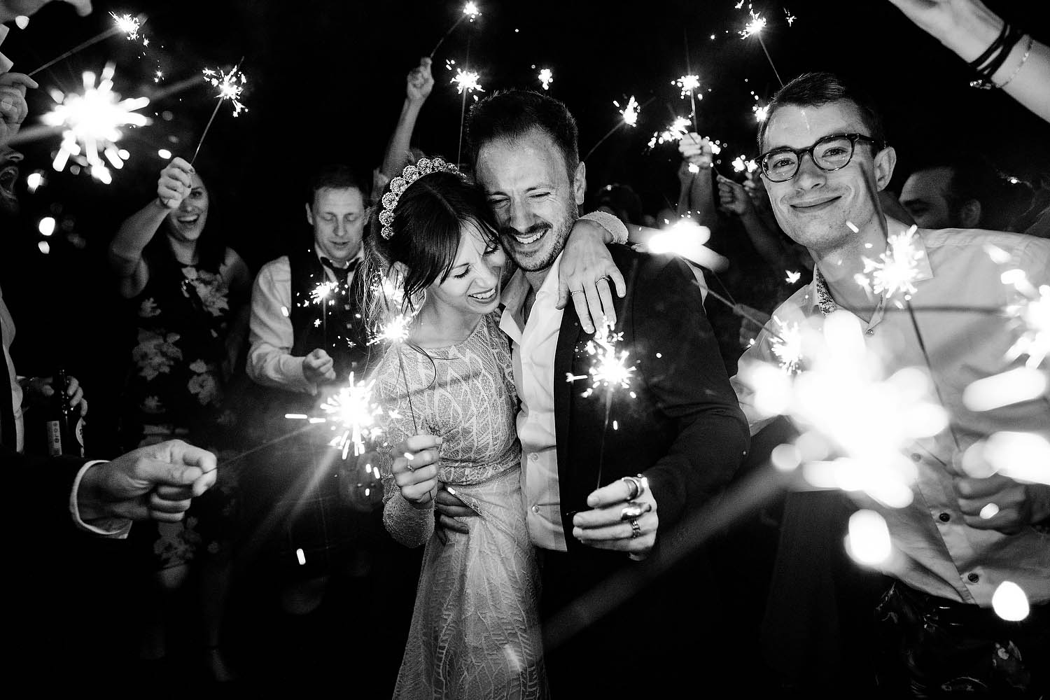 sparkler photograph of bride and groom at Elmore Court wedding