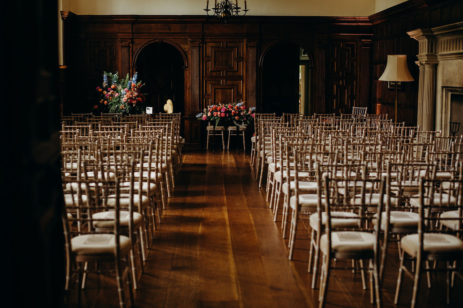 indoor wedding ceremony set up at North Cadbury Court