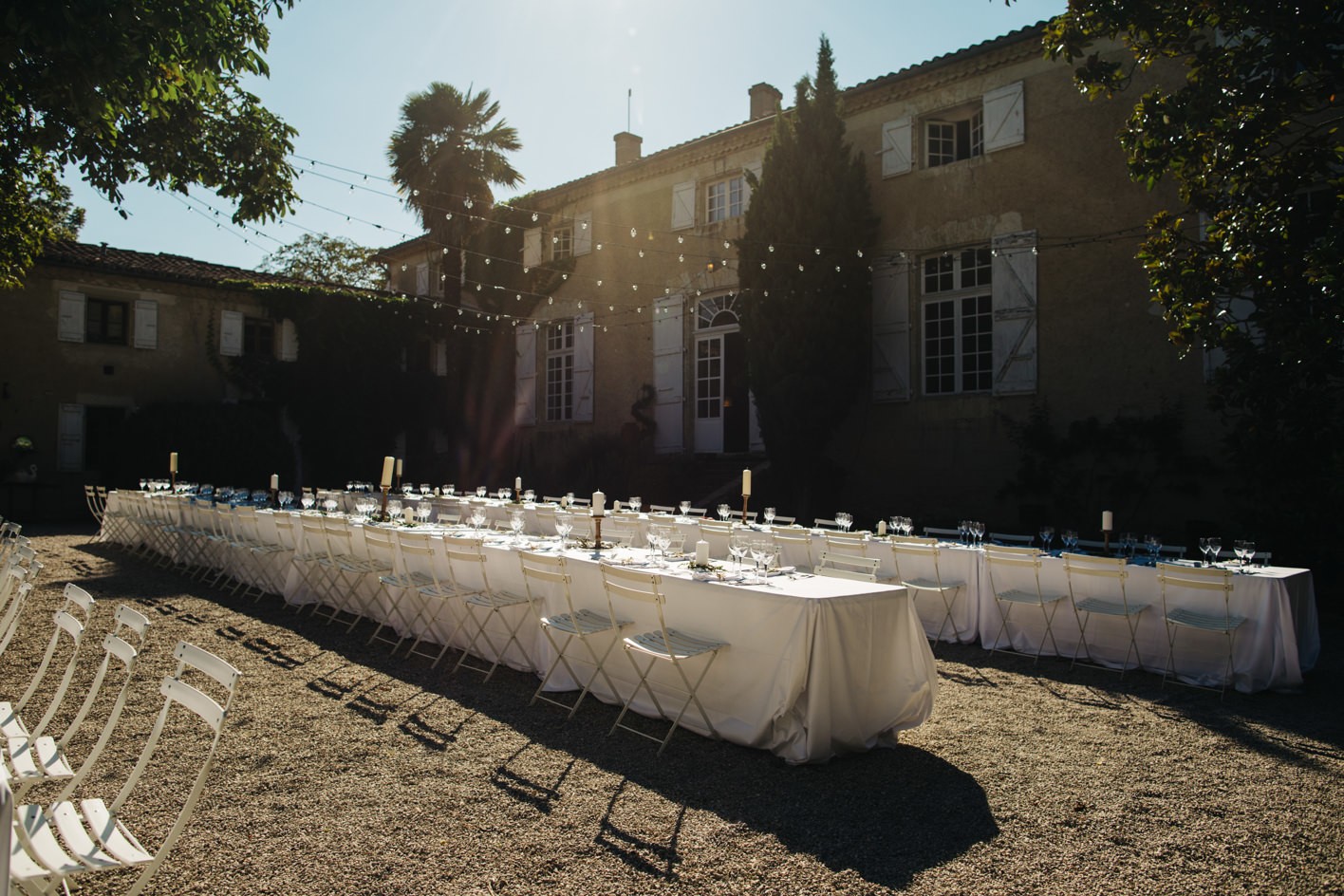 Outdoor wedding breakfast at Chateau Lartigolle