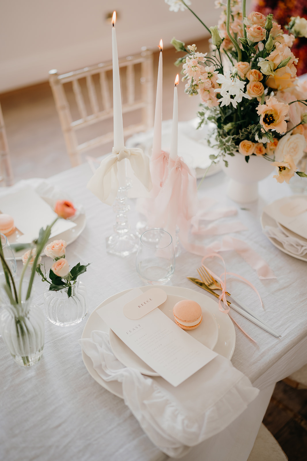 Peach wedding styling details at Norwood Park