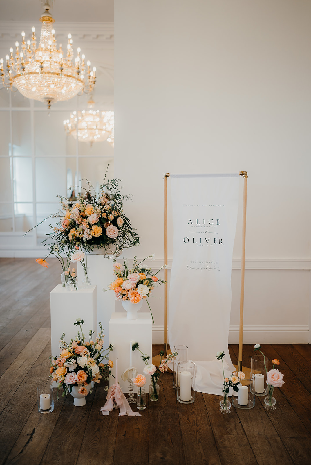 Peach wedding styling details at Norwood Park