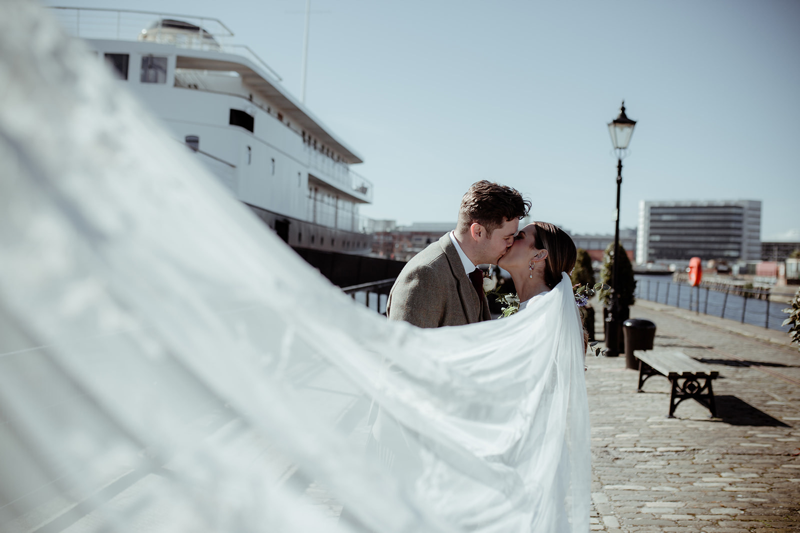 wedding couple in front of Fingal boat, Leith, Edinburgh 