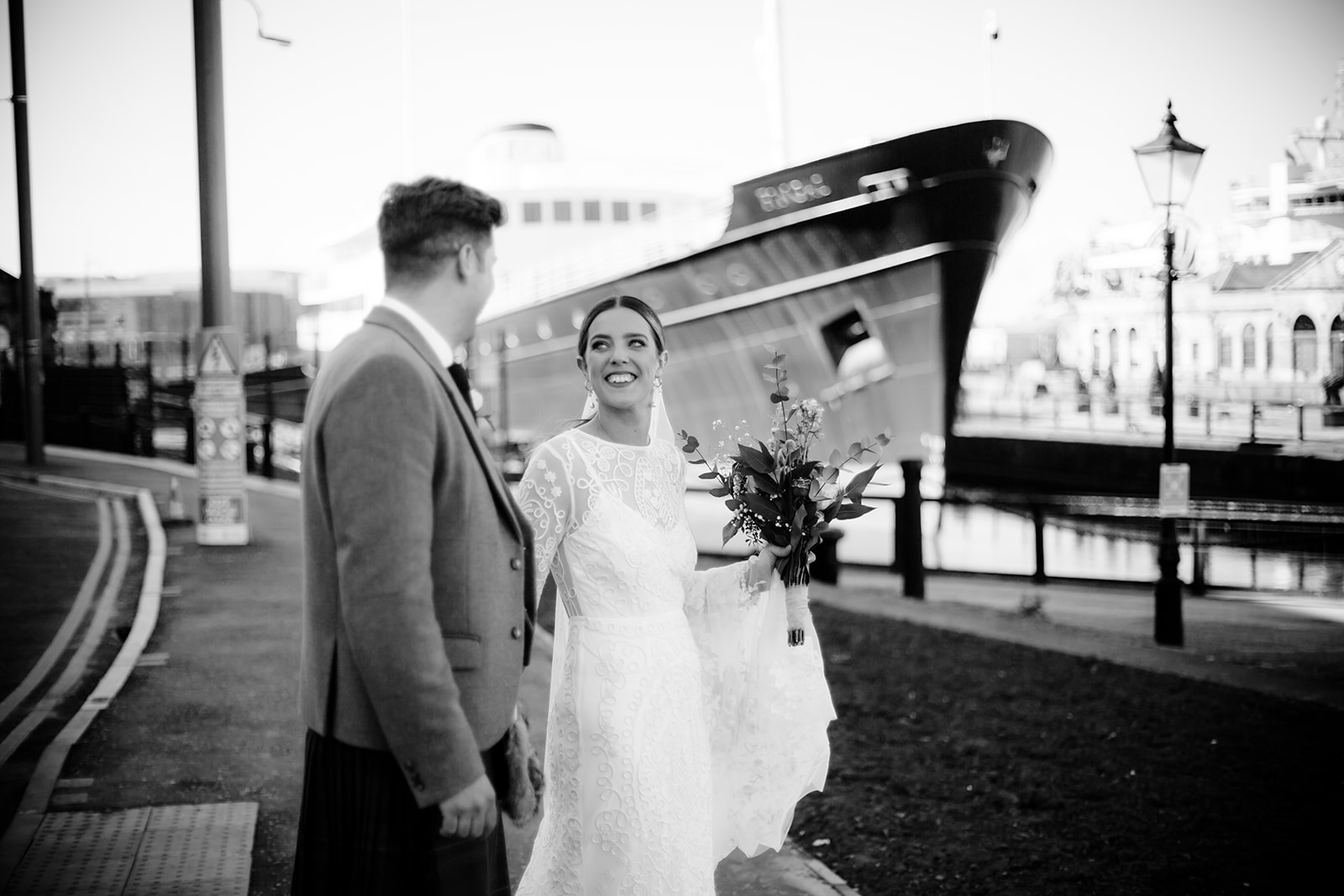 wedding couple in front of Fingal boat, Leith, Edinburgh 