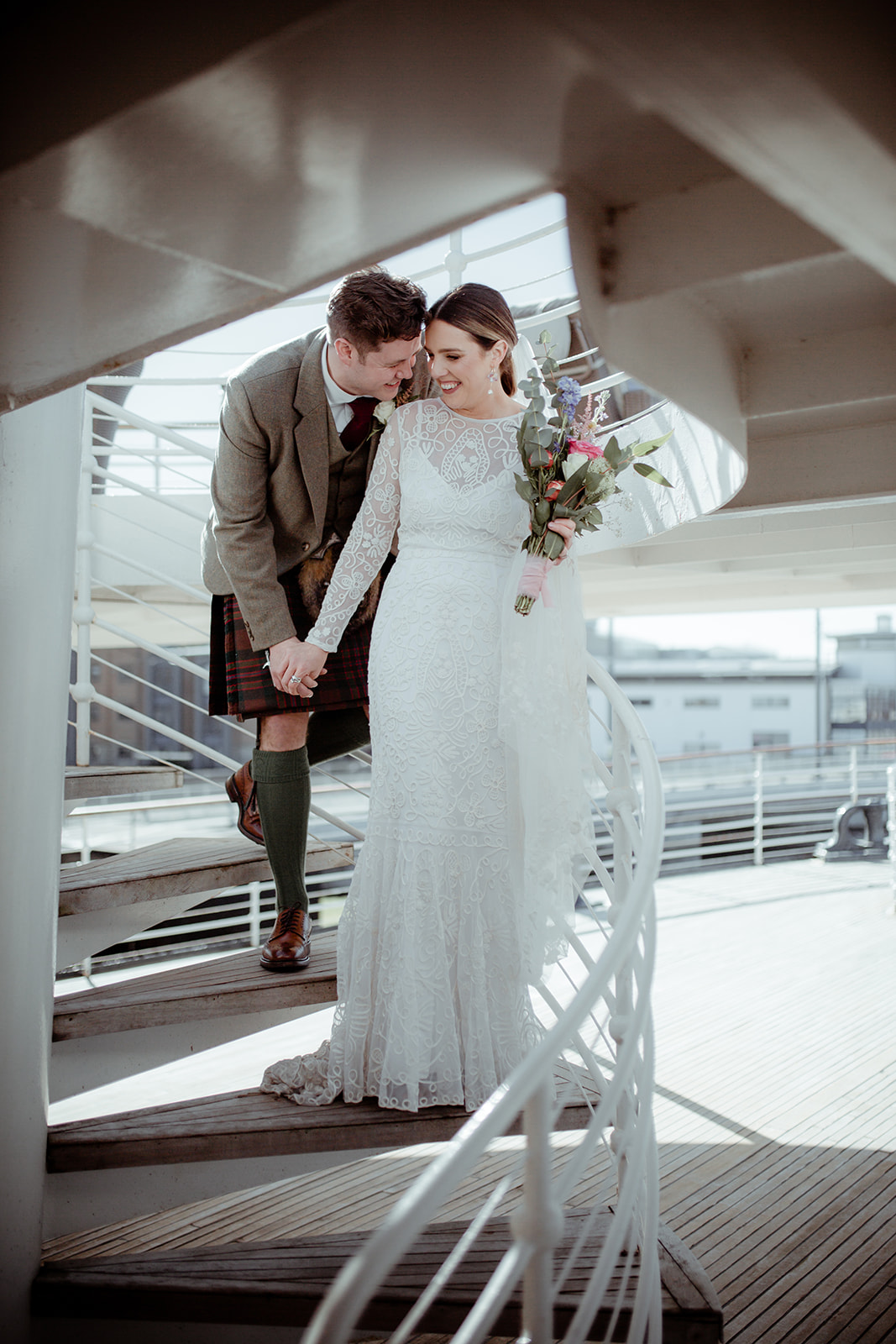 wedding couple on Fingal boat, Leith, Edinburgh 