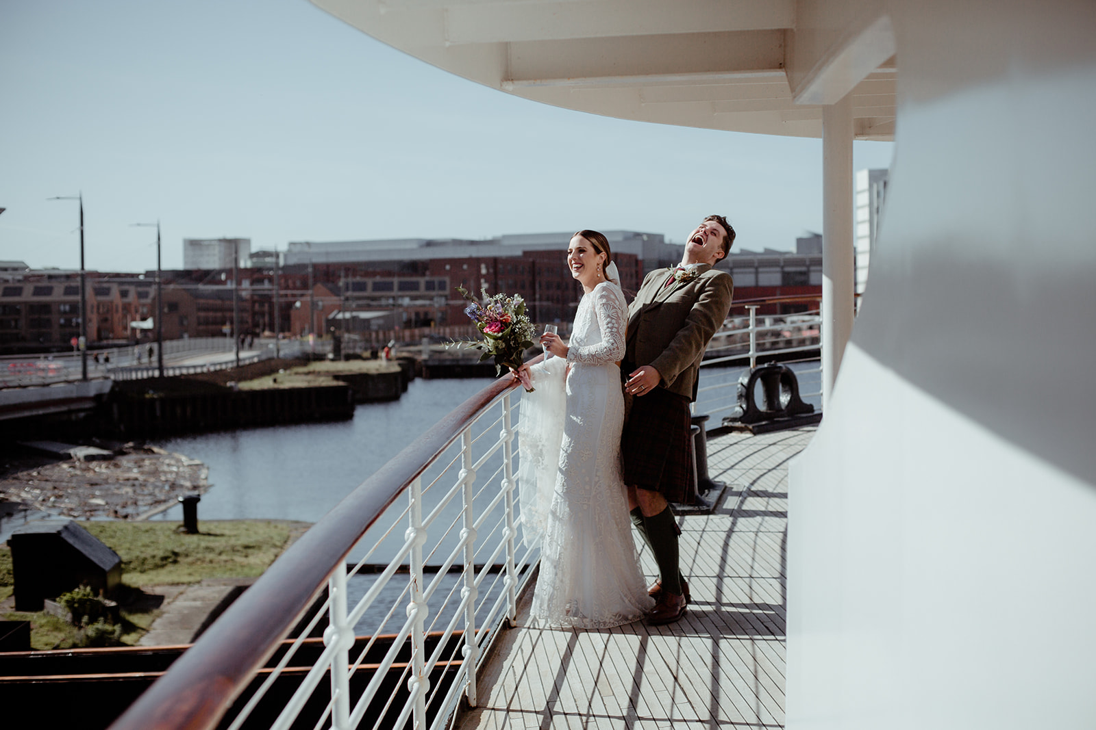 wedding couple on Fingal boat, Leith, Edinburgh 