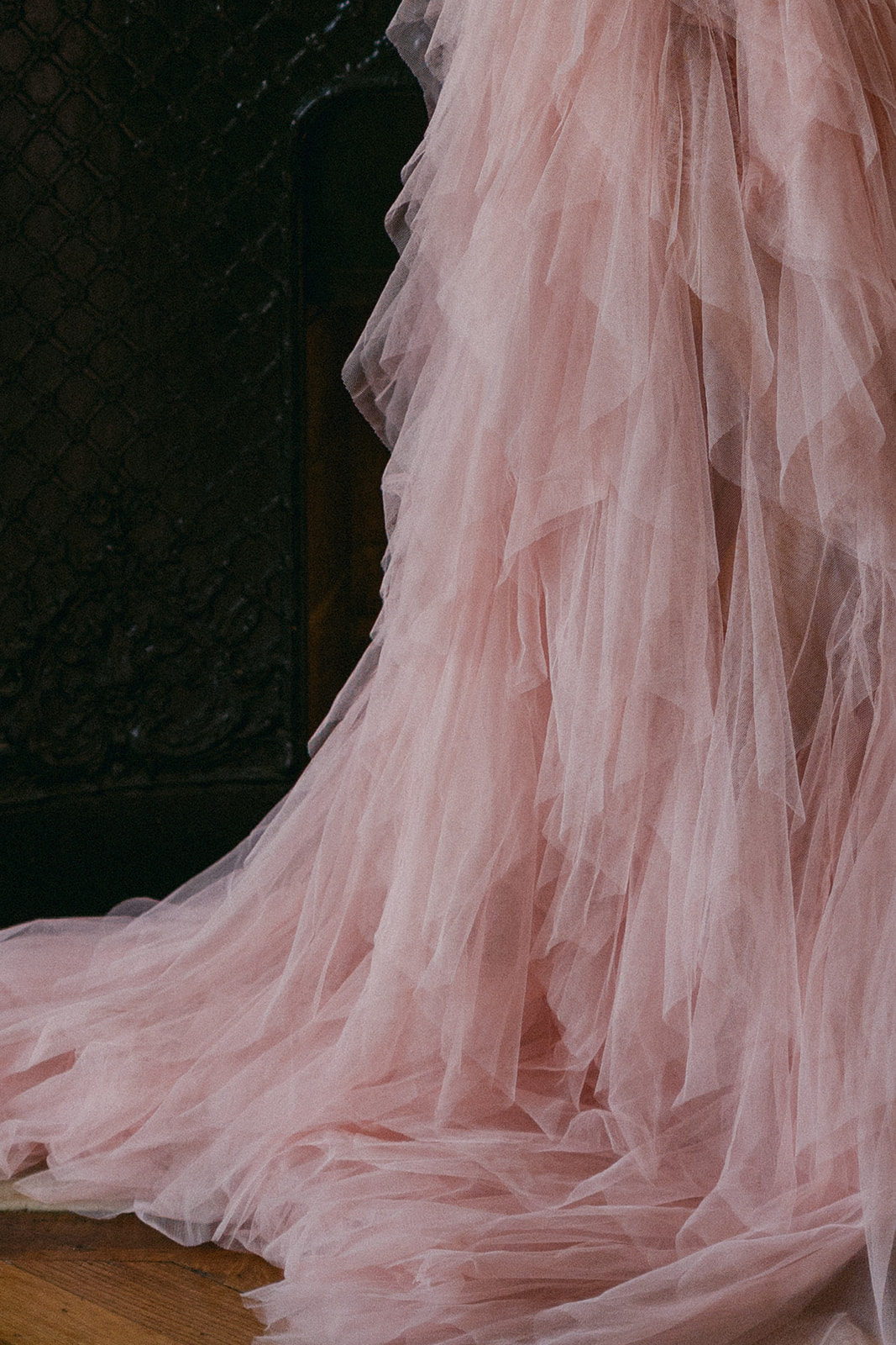Close up detail of pink tulle dress